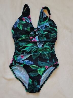 Kona Sol Tropical Leaf One-Piece Swimsuit - Black/Green/Pink
